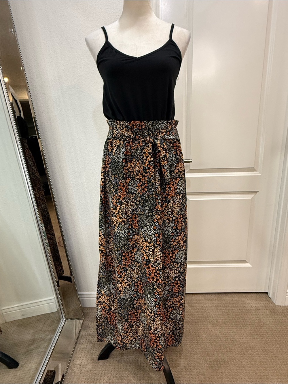 bailey blue Black Floral Maxi Skirt with Rust and Cream Floral Accents